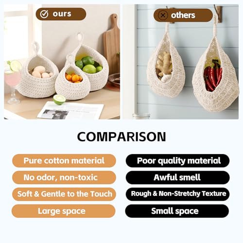 Hanging Storage Baskets Boho Decor Set of 3, Handmade Cotton Rope Wall-Mounted Fruit & Vegetable Baskets, Decorative Hanging Organizers for Kitchen, Entryway, Bathroom & Bedroom - color: Off White