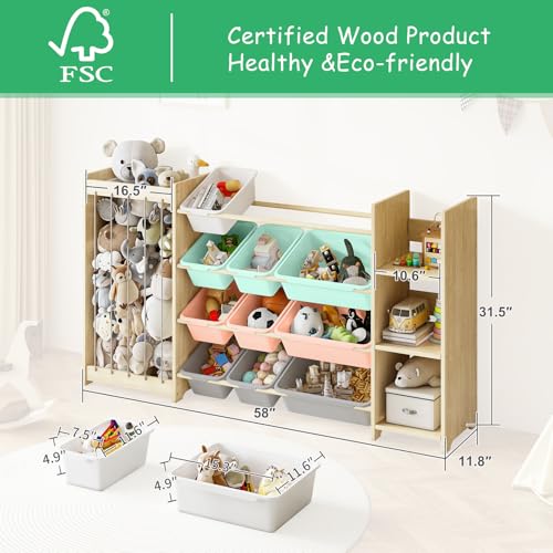 EXPERLAM 3-in-1 Toy Storage Organizer, Stuffed Animal Holder & 3-Tier Bookcase, Solid Wood Toy Organizer with 12 Storage Bins, Space-Saving Toy & Book Shelf for Kids Rooms, Bedroom, Playroom, Multi - color: Multi Color