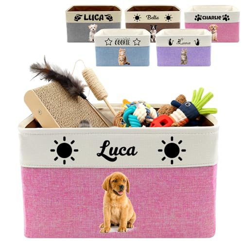 Customized Pet Toy Storage Basket - Personalized Dog & Cat Toy Organizer with Name, Foldable & Durable Fabric Bin for Pet Supplies, Organizer for Toys, Coats, Clothing, Blankets Pink - color: Pink