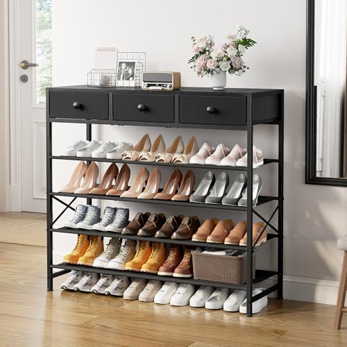 Shoe Rack, 5 Tier Shoe Organizer with 3 Drawers, Metal Shoe Storage for 24-30 Pairs of Shoes with Fabric Shelves and Wooden Top, Narrow Shoe Shelf for Closet Entryway Black - color: Black, size: 5 Tier(41.3 × 10.8 × 37.8)