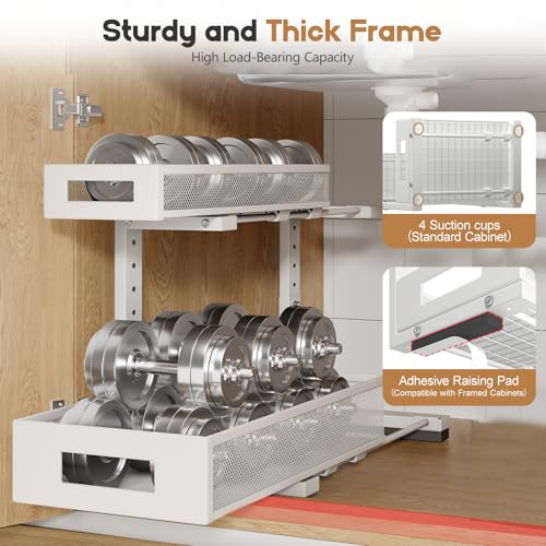 2 Pack 17IN Depth Under Sink Storage Organizer, Large 2-Tier Elegant Mesh Pull Out Shelf for Kitchen and Bathroom Cabinet Organization, L-Shaped and Adjustable Height Design-White - color: White, size: 2 Pack-17"Dx11.4"-16.14"H