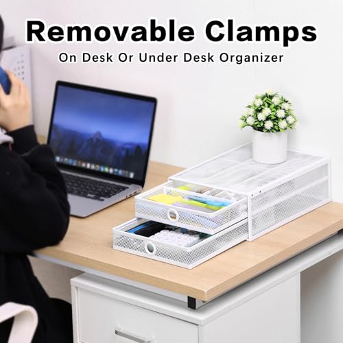 2-Tier Clamp-On Mesh Organizer, Under Desk Storage with Slide-Out Tray, No Drilling Tool-Free Installation, Durable Rust-Resistant Metal, Large-Capacity Organizer. - color: White - 2 Tier