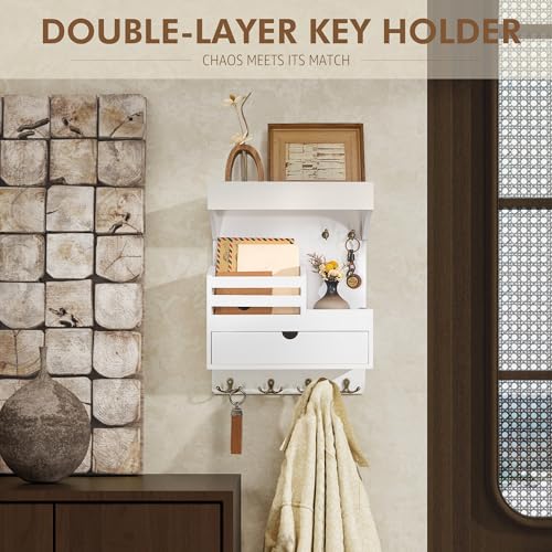 Rebee Vision Key Holder Wall Mount with Drawer Organizer – Pine Wooden Mail and Key Organizer with 6 Sturdy Hooks and Wall Shelf – Modern Living Room Decor for a Modern Home (White) - color: White, style: Large Drawer