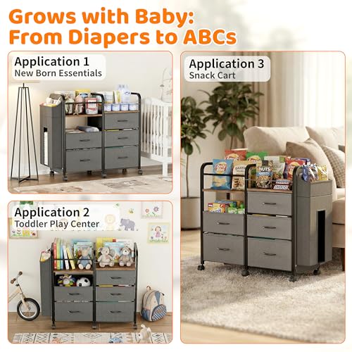 Baby Diaper Caddy Organizer Cart - Bedside Cart with Drawers & Side Storage, Nursery Essentials Stuff & Clothes Organization, 3 Tier Rolling Carts with Wheels for Nursery, Bedroom, Easy to Assemble