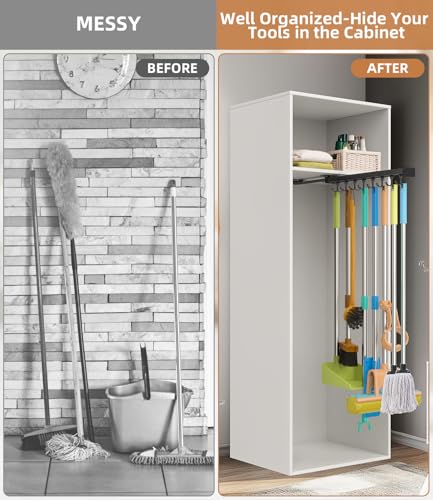 Pull Out Broom Holder With Adjustable Double Row Sliding Hook, Multifunctional Slide Broom And Mop Storage/Organizer Garage Organization Hooks, for Closet Laundry Garage Cupboard - 46cm/18.11inch - color: Black, size: 18.11 inches