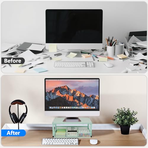 Small Laptop Stand for Desk, Monitor Stand Riser, Office Desk Accessories, Computer Desktop Stand with Drawer for Home, Office, School (Mint Green) - color: Mint Green