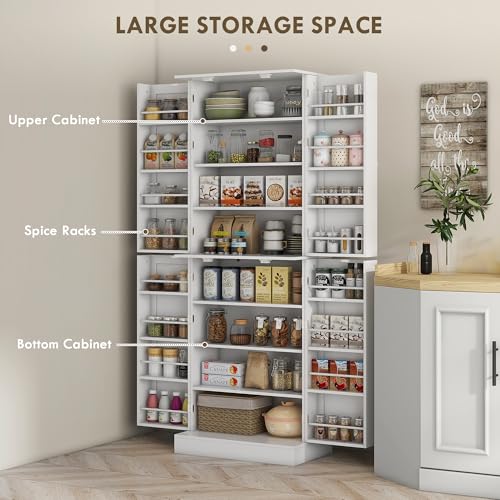HOMCOM 65" Kitchen Pantry Storage Cabinet, Freestanding Kitchen Cabinet with 16 Door Shelves, Double Doors, 8-Tier Shelving and Adjustable Shelves, White - color: White, size: 65"H