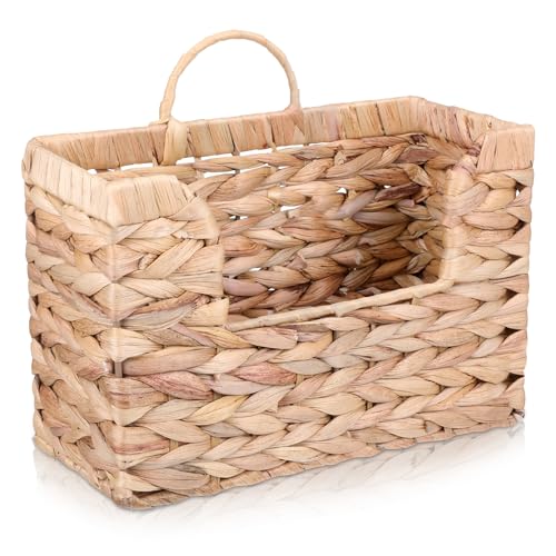 Woven Hanging Magazine Holder Water Hyacinth Magazine Basket Wall Mounted Woven Mail Organizer Wicker Storage Box with Handle Newspaper Rack Decorative for Home Office