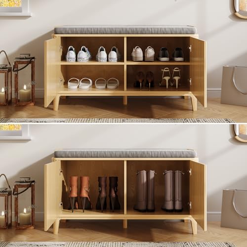 39.4" Fluted Shoe Cabinet Storage with Bench, 2-Tier Entryway Bench with Adjustable Shelves and Detachable Cushioned Seat, Shoe Organizer Bench Cabinet for Entryway, Living Room, Hallway Natural - color: Natural