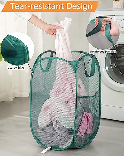 2 Pack Durable Collapsible Laundry Baskets - Reinforced Mesh Pop Up Laundry Hamper with Pocket, Foldable Dirty Clothes Hamper with Carry Handles for Laundry, Bathroom, Kids Room, Dorm or Travel Green - color: 2 x Green, size: Pop Vertical