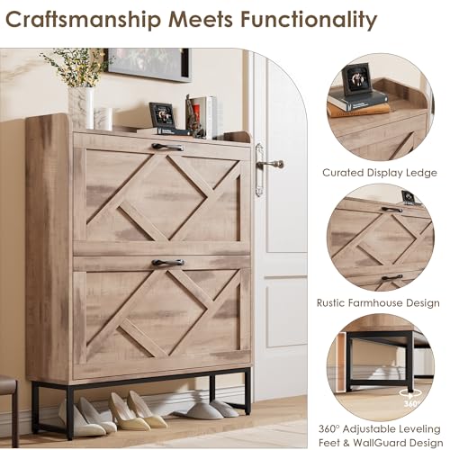 Nicetree Shoe Cabinet with 2 Flip Drawers，Freestanding Shoe Storage Cabinet, Narrow Shoe Organizer Cabinet, Farmhouse Slim Shoe Rack Cabinet for Entryway,Toasted Oak - color: Toasted Oak, style: 2-Drawers