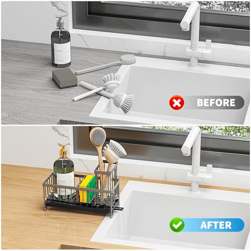 Cisily Sponge Holder for Kitchen Sink, Sink Caddy Organizer with High Brush Holder, Kitchen Countertop Organizers and Storage Essentials, Rustproof 304 Stainless Steel (Dark Grey, 9.25″) - color: Dark Grey