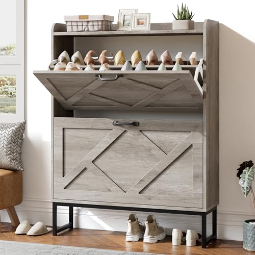 Nicetree Shoe Cabinet Storage for Entryway,Narrow Shoe Storage Cabinet, Space-Saving Shoe Organizer Cabinet, Vertical Entryway Solution for Foyer, Mudroom, Gray - color: Toasted Gray, style: 2-Drawers