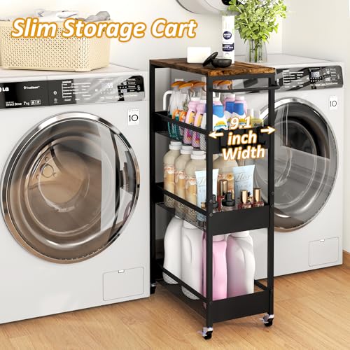 Vincona Slim Rolling Utility Cart, 4 Tier Metal Narrow Storage Cart with Handle and Wood Top, Multifunctional Small Mobile Shelf Unit Organizer Trolley for Laundry, Bathroom, Kitchen - color: Black, size: 9.1" wide