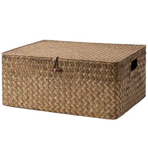 StorageWorks Extra Large Wicker Baskets, Seagrass Storage Baskets for Shelves, Decorative Box with Built-in Handles,Brown - color: Brown(Seagrass), size: 16½"L × 13"W × 7½"H
