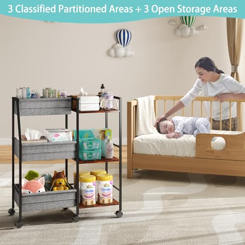 Baby Diaper Caddy Organizer Cart, 3-Tier Rolling Wheels Cart with Dividers and Shelves, Bedside Utility Cart for Nursery Essentials, Large Capacity Mobile Storage Cart for Crib, Bedroom - color: Grey