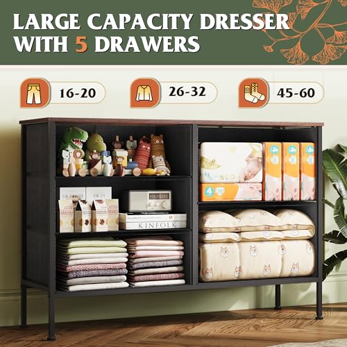 WLIVE Dresser for Bedroom with 5 Drawers, Wide Chest of Drawers for Bedroom, Fabric Dresser for Living Room, Closet, Hallway, Floral Painted - color: Floral Painted