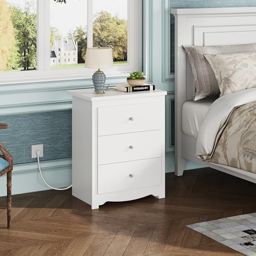 WLIVE White Nightstand with Charging Station, Wood Night Stand with 3 Drawers Storage, Tall Bedside Table End Side Tables with 2 USB Ports and Outlets for Bedroom, Closet, White - color: White