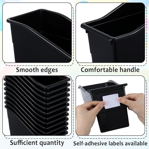 12 Pack Large Book Bins, Durable Magazine Organizer File Holder High-Quality Plastic Book Storage Bins with Labels for Classroom Library, Office, Desktop Organization, Bookshelf Categorization (Black) - color: Black