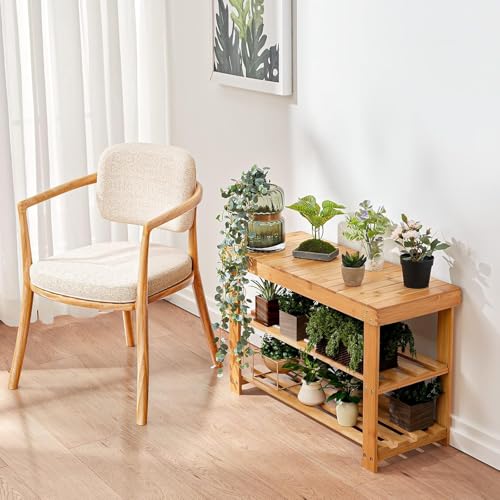 Pipishell 3 Tier Bamboo Shoe Rack Bench - Sturdy Shoe Organizer Holds up to 300lbs for Entryway, Bedroom, Living Room, Balcony - color: Bamboo