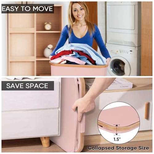 BALEINE Laundry Hamper with Lid, Tall Laundry Baskets with Bamboo Pull Handles, Large Laundry Bin with Internal Support (18 Gal/70L, Pink) - color: Pink, size: 70 liters