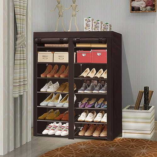 ERONE Shoe Rack Storage Organize, 28 Pairs Portable Double Row with Nonwoven Fabric Cover Shoe Shelf Cabinet for Closet - color: Brown