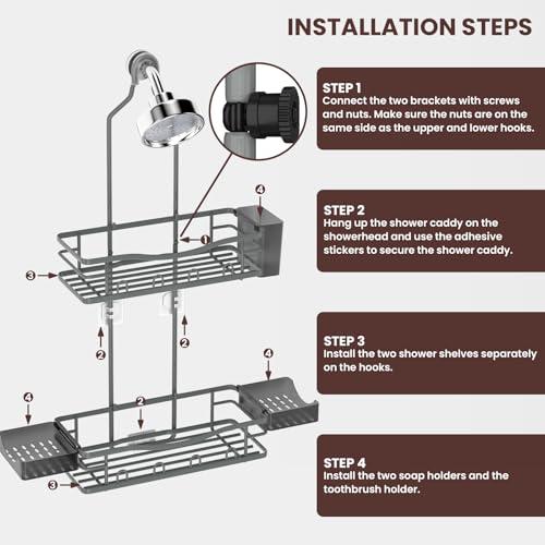 REINHARDT Shower Caddy Hanging, Rustproof Bathroom Caddy Anti-Swing Shower Organizer No Drilling Bath Racks with Soap Holder Multi Hooks Bathroom Storage for Shampoo Sponge, Grey - color: Grey