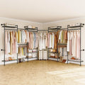 ONBRILL L7 Wall Mounted Industrial Pipe Clothing Rack – Heavy Duty Modular Closet System with 9 Hanging Rods (6 Expandable) & 10 Adjustable Shelves, Corner Garment Rack, Large Wardrobe - Black - color: Black