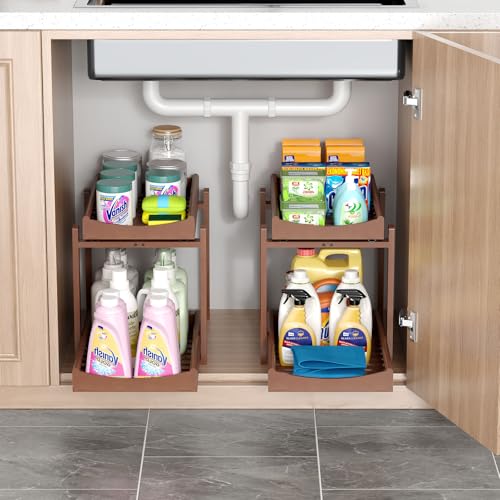 MHXW SXPN Bamboo Under Sink Organizer and Storage, Pull Out Cabinet Organization, 2 Tier Vertical Slide Out Undersink Storage Shelf, Organizer Shelves for Kitchen Bathroom Medicine (Brown, 2 Pack) - color: Brown, size: 2 Pack