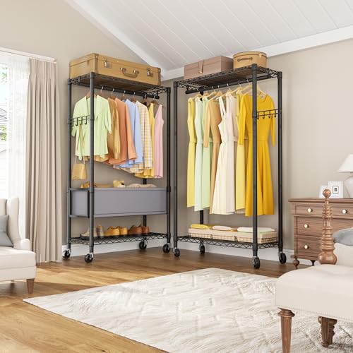 Heavy Duty Clothes Rack Rolling Garment Rack,3 Tier Adjustable Wire Shelving Clothing Racks for Hanging Clothes with Double Rods&Side Hooks,Freestanding Wardrobe Storage Rack Metal Portable Closet - color: Black8, size: 15.75"D x 31.8"W x 78.75"H