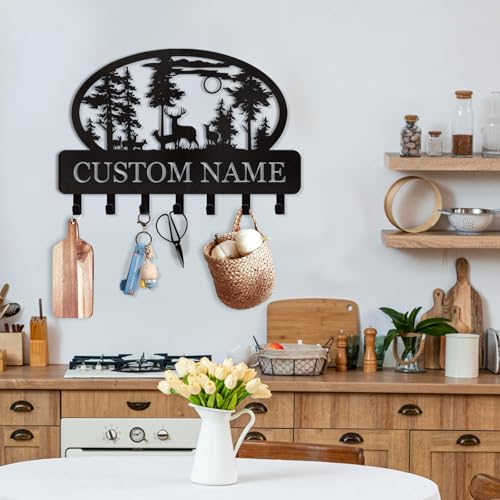 Dyoart Personalized Key Holder for Wall, Custom Metal Deer Cabin Key Hooks with Name, Metal Key Holder Hooks Organizer Rack, Key Hanger Decor for Kitchen, Entryway, Hallway, Office, Doorway - color: 07 Deer