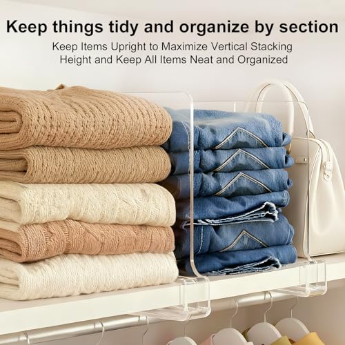 Purse Organizer for Closet Shelf Dividers: 6-Pack Adjustable Clear Acrylic Bag Storage Organizer for Handbags, Sweaters, Towels, Jeans and Shoes on Wood Shelves - color: Clear:6-pack, size: Standard: 8" Tall x 12" Deep