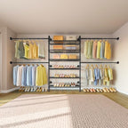 Timate S3X PLUS Closet System, Expandable Wall Mounted Closet with 6 Adjustable Shelves & 4 Expandable Hanger Rods, Industrial Pipe Clothing Rack for Hanging Clothes, Fits Spaces 6'11"- 9'10", Black - color: Black, size: S3X PLUS