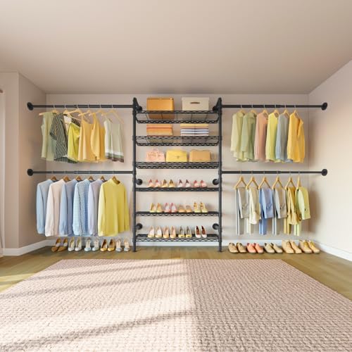 Timate S3X PLUS Closet System, Expandable Wall Mounted Closet with 6 Adjustable Shelves & 4 Expandable Hanger Rods, Industrial Pipe Clothing Rack for Hanging Clothes, Fits Spaces 6'11"- 9'10", Black - color: Black, size: S3X PLUS