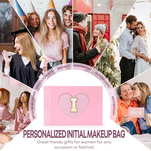 2 PCS Initial Makeup Bags for Women: Cosmetic Bag for Travel Toiletry - Birthday Gifts for 11 12 13 14 15 16 17 18 Years Old Girl Graduation Teacher Gift- Teen Girl Gifts Trendy Stuff - Pink I - color: Pink, style: I