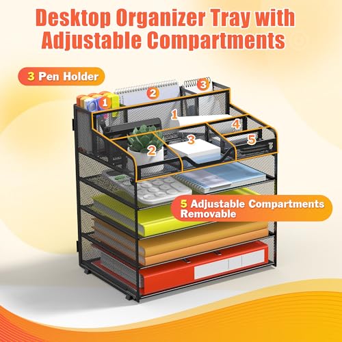 Docnest 5 Tier Mesh Desk Organizer for Paper Office Supplies – Multi-Functional Letter Tray with 5 Adjustable Compartments, 3 Pen Holders, Desktop Storage for Files, Mail, Stationery – Black - color: Black, size: 12.7" x 9.1" x 13.2"