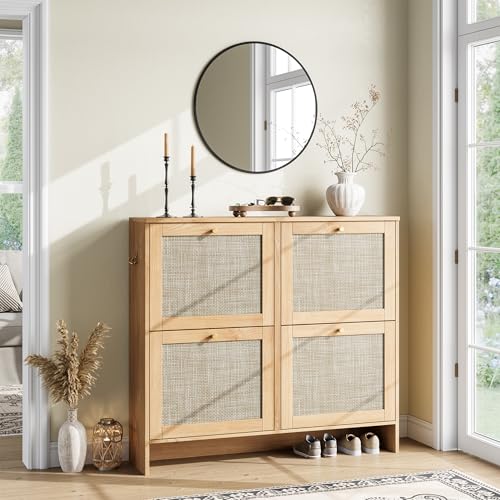 Nicetree Shoe Cabinet Storage for Entryway, 4-Flip Drawer Narrow Shoe Rack with Adjustable Shelves, Boho Modern Square Rattan Shoe Organizer, Slim Wood Storage Cabinets for Small Spaces Fits Size 13.5 - color: Natural Honey Oak, style: 4 Flip Drawer - Cla