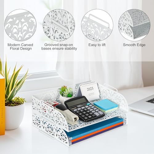 EasyPAG Paper Organizer for Desk 2 Tier Stackable Paper Tray for A4 Legal Size Folders Metal File Storage Desktop Organizer for Home Office School Teacher, White - color: White