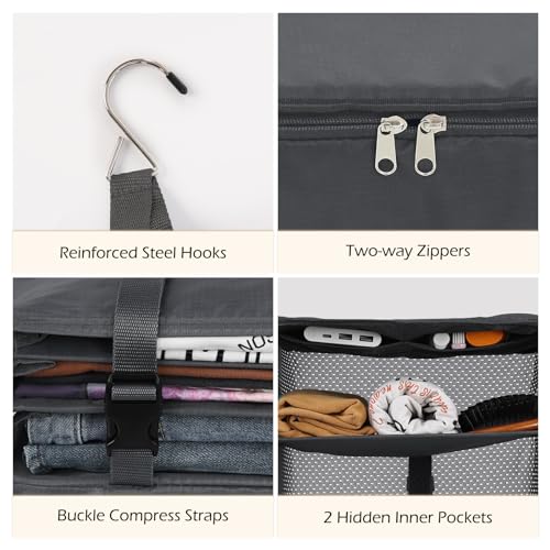 Surblue Hanging Closet Storage Bag Collapsible 3-Shelf Washable Oxford Fabric with 2 Hooks (L 11.41 * 11.41 * 19.68in, Grey) - color: Grey, size: L 11.41*11.41*19.68in