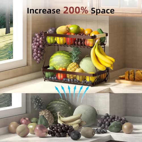 Sevenblue 2 Tier Large Fruit Basket for Kitchen Counter with 2 Mobile Banana Hangers, 2026 Pro Detachable Metal Fruit Bowl with Wooden Handle (Brown, 2 Tier Extra Large) - color: Brown, size: 2 Tier Extra Large