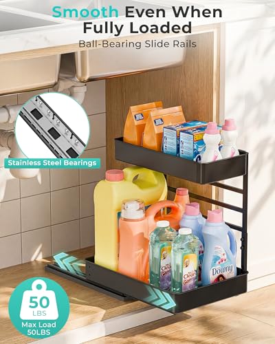 EVERIE Metal Pull Out Slide Shelf Organizer for Under Sink Organization in Kitchen, Bathroom, Counter, Cabinets, Minimum Available Space 13" Wide x 16.5" Deep (Black, 1 Set) - color: Black, size: 1 Set