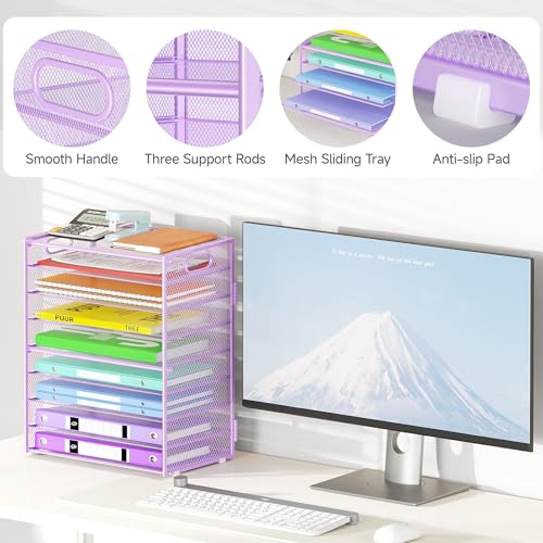 Cawukege 9 Tier Paper Organizer with Handle, Purple Large Capacity Desk Organizer Mesh File Folder Letter Paper Tray Desktop Document Sorter for Classroom, School, and Office Accessories Organization - color: 1 Pack - Purple