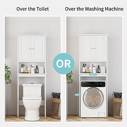 Shintenchi Over the Toilet Storage Cabinet, Bathroom Shelf Organizer with Anti-Tip Device Small Freestanding Space Saver with Adjustable Shelf，White - color: White, size: Wood Door