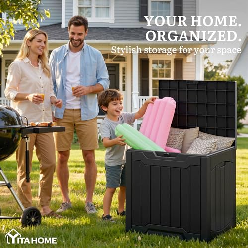 YITAHOME 31 Gallon OutdoorDeck Box, Lockable Resin Storage Box and Waterproof Package Delivery Box for Patio, Garden, Poolside, Cushions, Supplies & Sports Gear, Black - color: Black, size: 31 Gallon, style: Deck Box