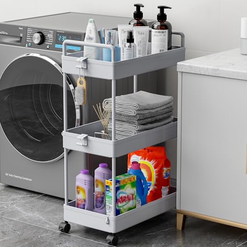 Ronlap 3 Tier Slim Rolling Storage Cart with Wheels Plastic Utility Cart Organizer for Snack Craft Art Postpartum Baby Diaper Nail Makeup in Bathroom Laundry Room Kitchen Bedside Narrow Space, Grey - color: Gray