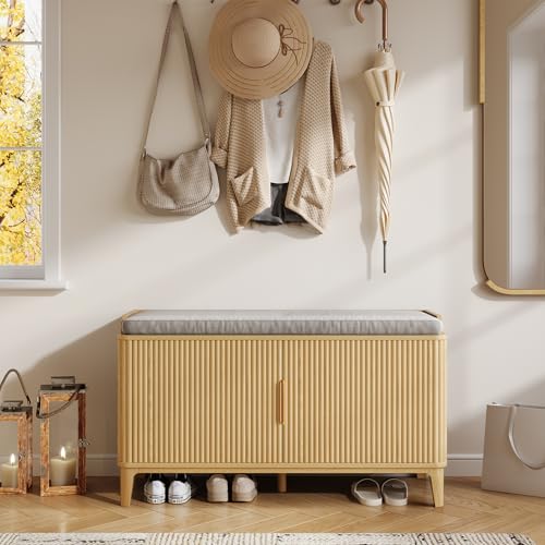 39.4" Fluted Shoe Cabinet Storage with Bench, 2-Tier Entryway Bench with Adjustable Shelves and Detachable Cushioned Seat, Shoe Organizer Bench Cabinet for Entryway, Living Room, Hallway Natural - color: Natural