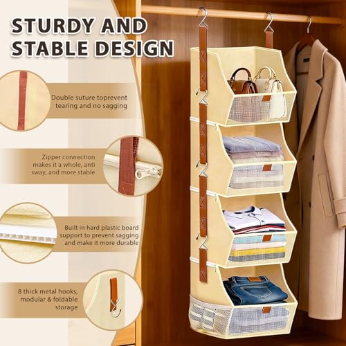 Fabric 4 Tier Hanging Closet Organizer Heavy Duty Beige Shelf Hanging Storage Towel Clothes Sweater Jeans Bag Organizer For Closet For Bedroom, Dorm, RV, See Through Front Panel, Space-Saving