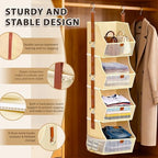 Fabric 4 Tier Hanging Closet Organizer Heavy Duty Beige Shelf Hanging Storage Towel Clothes Sweater Jeans Bag Organizer For Closet For Bedroom, Dorm, RV, See Through Front Panel, Space-Saving