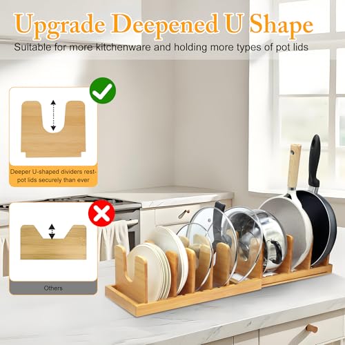 MinBoo Bamboo Expandable Pot Lid Organizer, Pot and Pan Organizer Drawer Organizer for Pot Lids, Adjustable 10 U-Shaped Dividers for Kitchen Cabinet Organizers and Storage (Bamboo-1)