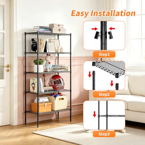 BestOffice | 5-Tier Wire Storage Shelves with Wheels | 14 x 30 x 61 | Black | with Adjustable Racks | Heavy-Duty Metal Shelf, Holds Upto 1250 lbs | No-Tool Assembly | Ideal for Home & Garage Shelving - color: Black, size: 14"D x 30"W x 61"H